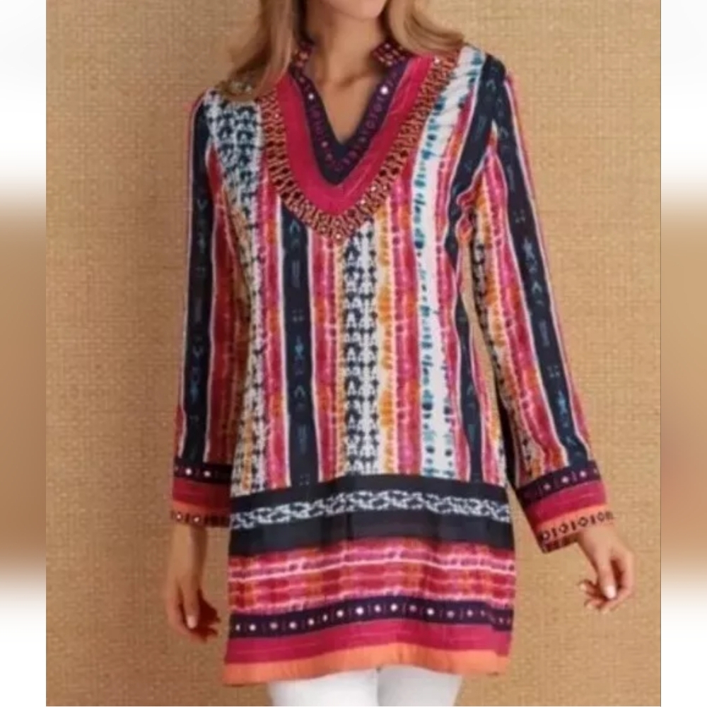 Soft Surrounding Tunic Top Woman Med Giada Batik Fairy Bling Colorful Coastal